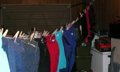 clothes hanging in garage